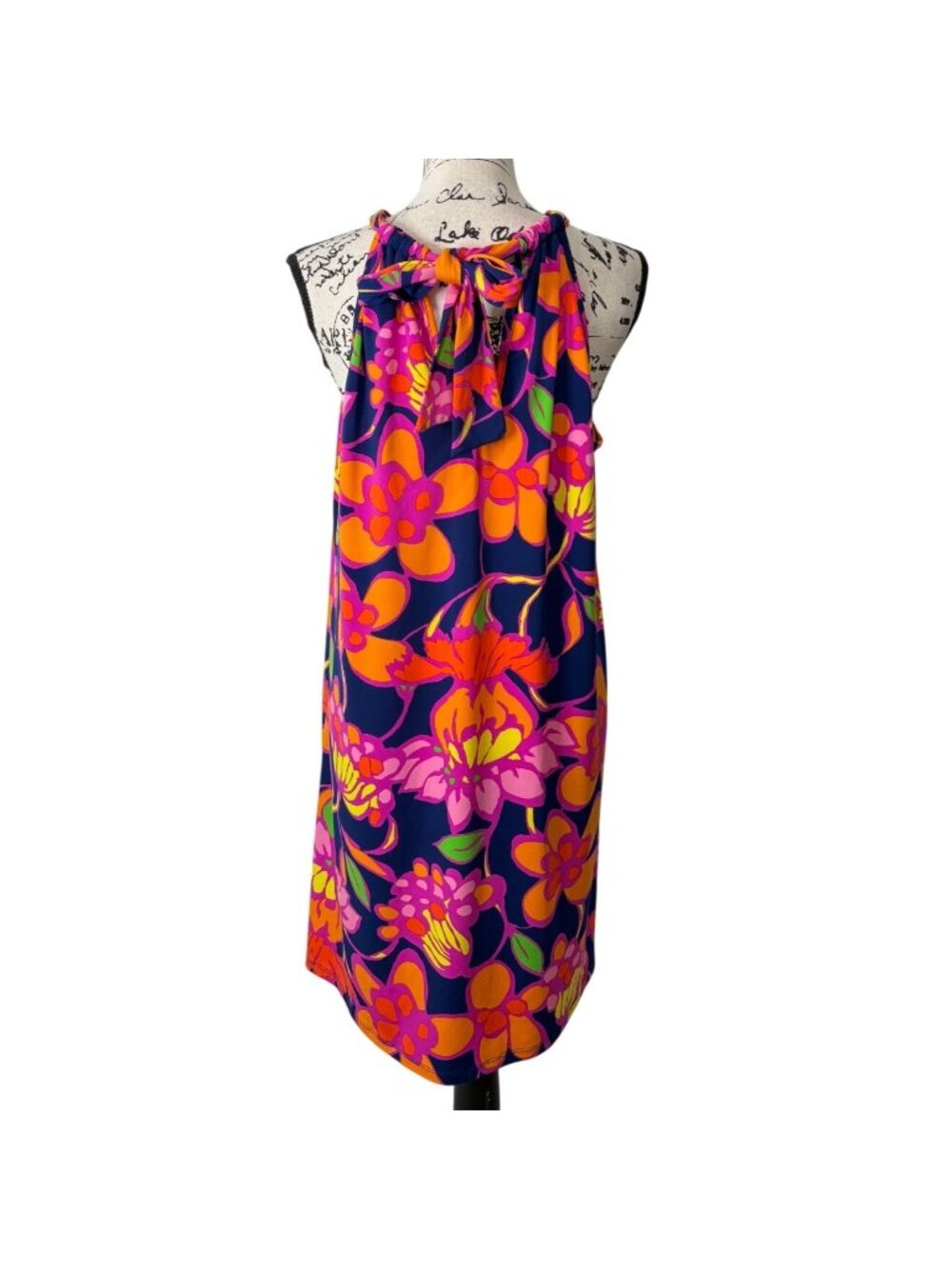 Trina Turk Women Size L Floral Halter Juju Dress Tropical Navy Pink Orange Shift - Picture 3 of 7